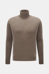 Front view of B.F. Knitwear Cashmere Turtleneck Sweater taupe melange, a slim fit, pure cashmere turtleneck with soft touch, medium-fine knit, fitted collar, and elastic rib-knit cuffs, made in Italy.
