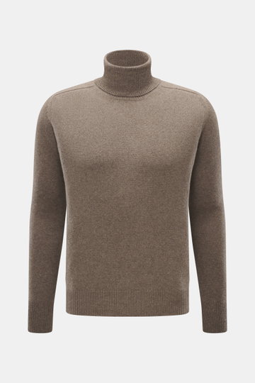 Front view of B.F. Knitwear Cashmere Turtleneck Sweater taupe melange, a slim fit, pure cashmere turtleneck with soft touch, medium-fine knit, fitted collar, and elastic rib-knit cuffs, made in Italy.