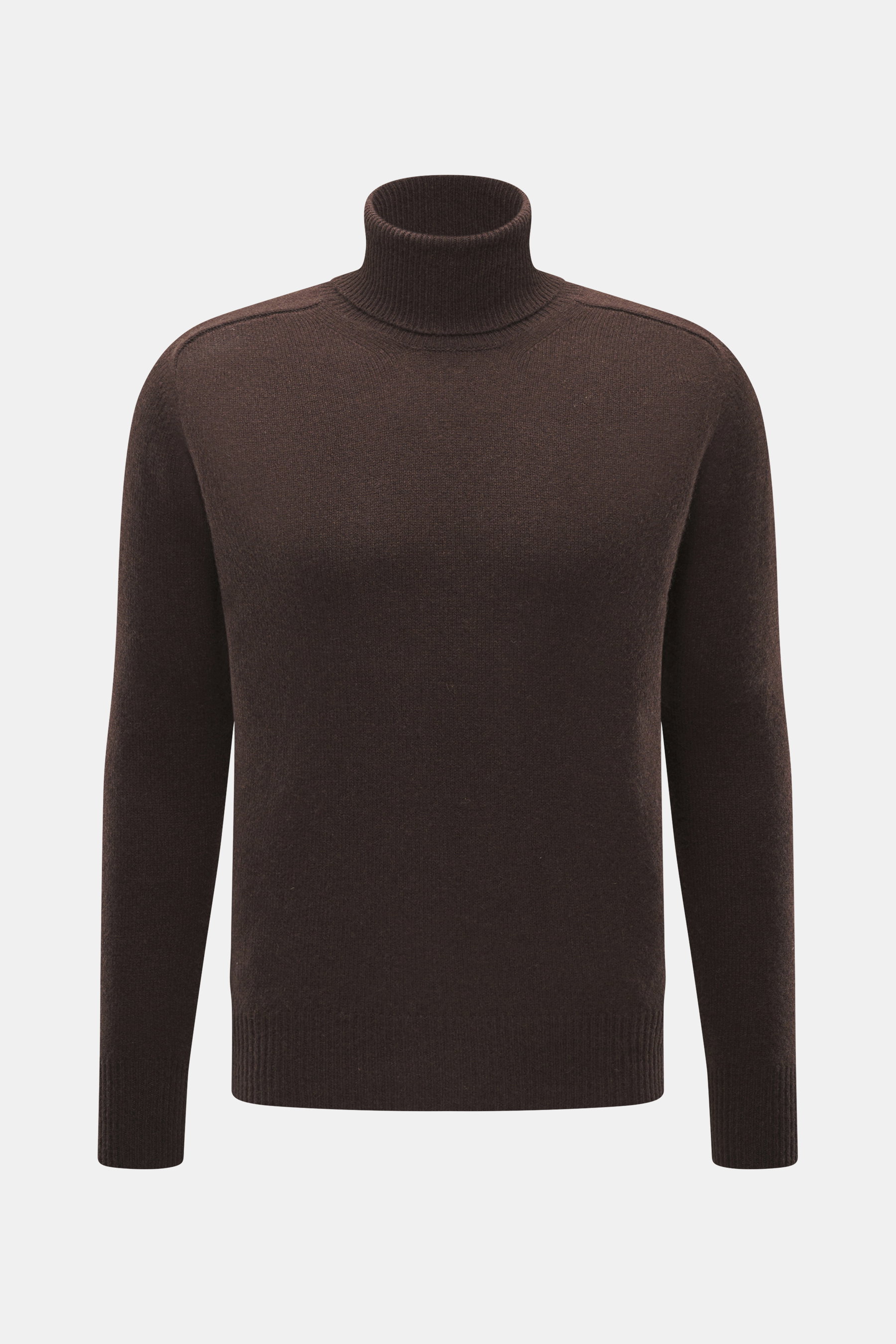 Front view of the B.F. Knitwear Cashmere Turtleneck Sweater dark brown, slim fit with fitted turtleneck, elastic rib-knit cuffs, and medium-fine knit pattern.

Description: <p>Autumnal cashmere by the knitting expert B.F. KNITWEAR: This softly knitted tur