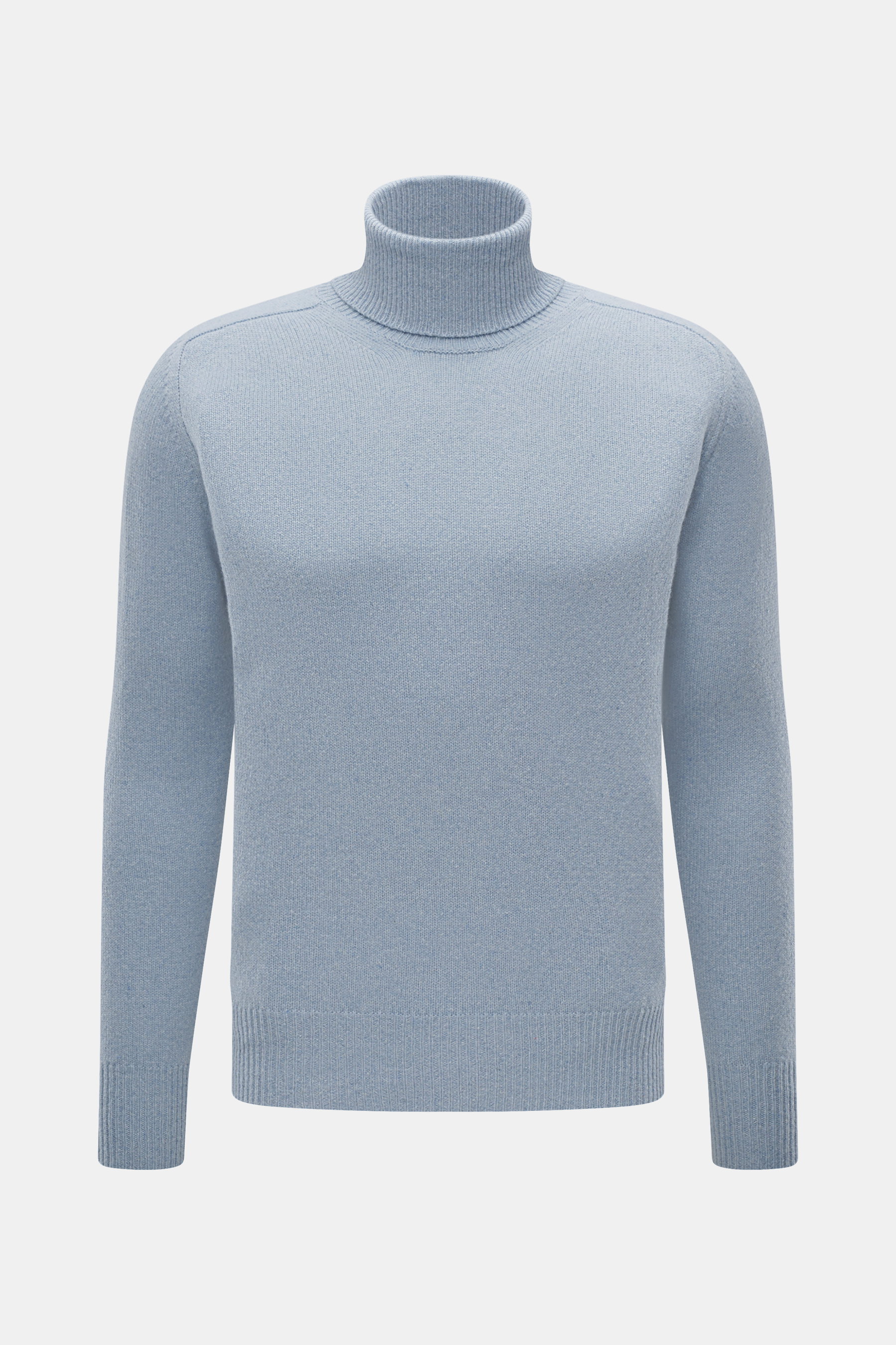 Front view of B.F. Knitwear Cashmere Turtleneck Sweater light blue melange, pure cashmere, soft touch, medium-fine knit, slim fit, fitted turtleneck, elastic rib-knit cuffs.