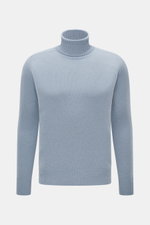 Front view of B.F. Knitwear Cashmere Turtleneck Sweater light blue melange, pure cashmere, soft touch, medium-fine knit, slim fit, fitted turtleneck, elastic rib-knit cuffs.