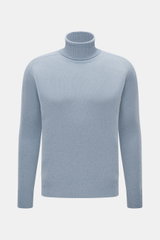 Front view of B.F. Knitwear Cashmere Turtleneck Sweater light blue melange, pure cashmere, soft touch, medium-fine knit, slim fit, fitted turtleneck, elastic rib-knit cuffs.