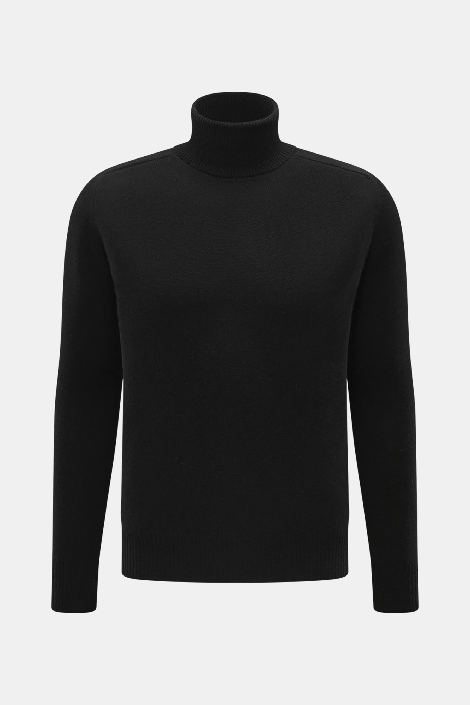 B.F. Knitwear Cashmere Turtleneck Sweater Black shown from front, slim fit with fitted turtleneck, pure cashmere, soft touch, medium-fine knit, elastic rib-knit cuffs.