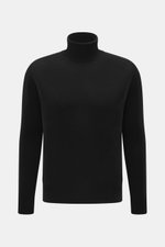 B.F. Knitwear Cashmere Turtleneck Sweater Black shown from front, slim fit with fitted turtleneck, pure cashmere, soft touch, medium-fine knit, elastic rib-knit cuffs.
