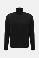 B.F. Knitwear Cashmere Turtleneck Sweater Black shown from front, slim fit with fitted turtleneck, pure cashmere, soft touch, medium-fine knit, elastic rib-knit cuffs.