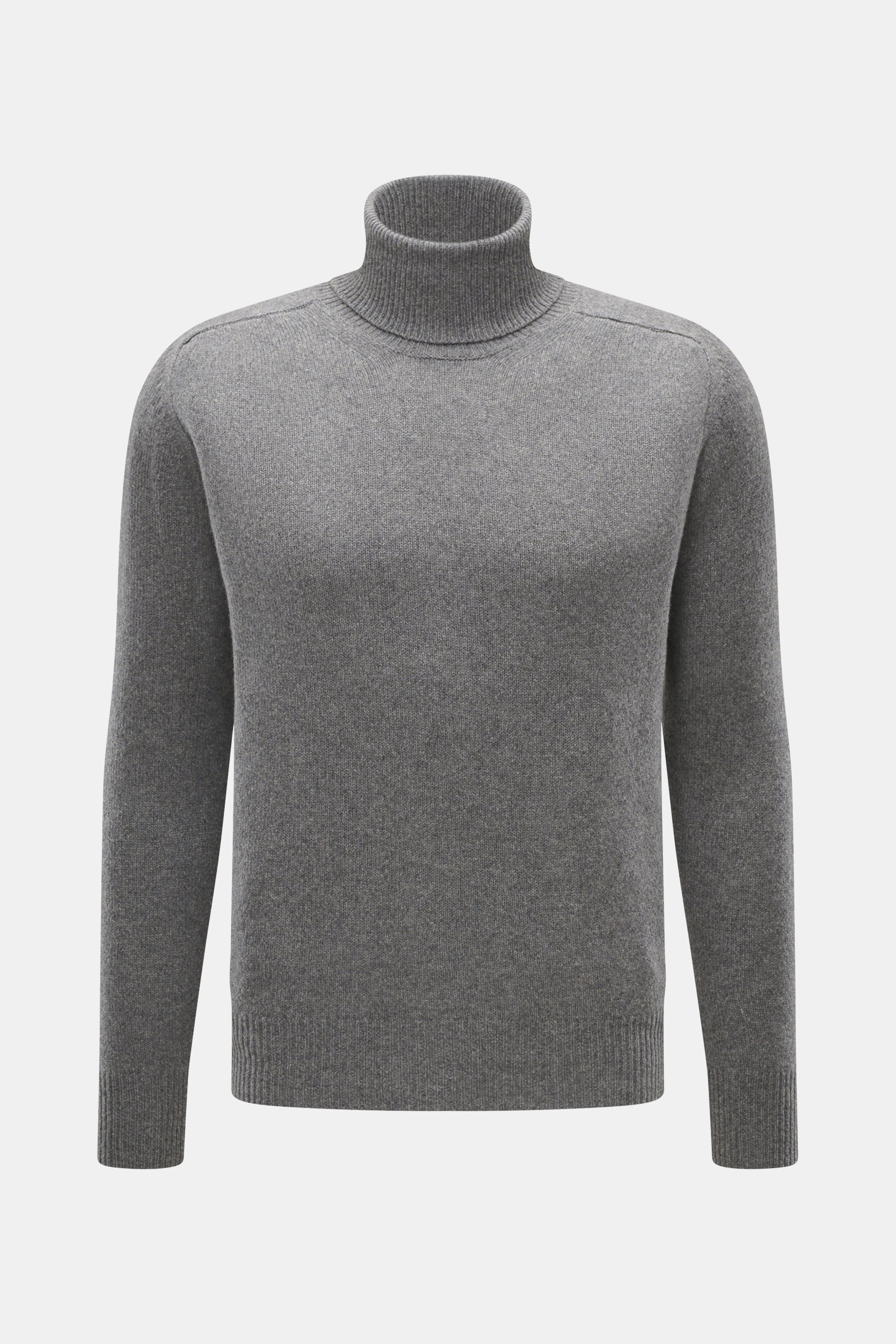 Front view of B.F. Knitwear Cashmere Turtleneck Sweater grey melange, pure cashmere, slim fit, soft touch, medium-fine knit, fitted turtleneck, elastic rib-knit cuffs, durable autumnal knitwear made in Italy.
