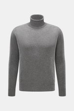 Front view of B.F. Knitwear Cashmere Turtleneck Sweater grey melange, pure cashmere, slim fit, soft touch, medium-fine knit, fitted turtleneck, elastic rib-knit cuffs, durable autumnal knitwear made in Italy.
