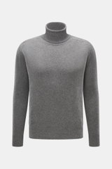 Front view of B.F. Knitwear Cashmere Turtleneck Sweater grey melange, pure cashmere, slim fit, soft touch, medium-fine knit, fitted turtleneck, elastic rib-knit cuffs, durable autumnal knitwear made in Italy.