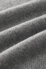 Close-up fabric texture shot of B.F. Knitwear Cashmere Turtleneck Sweater grey melange showing medium-fine knit, soft touch, and elastic cuffs.