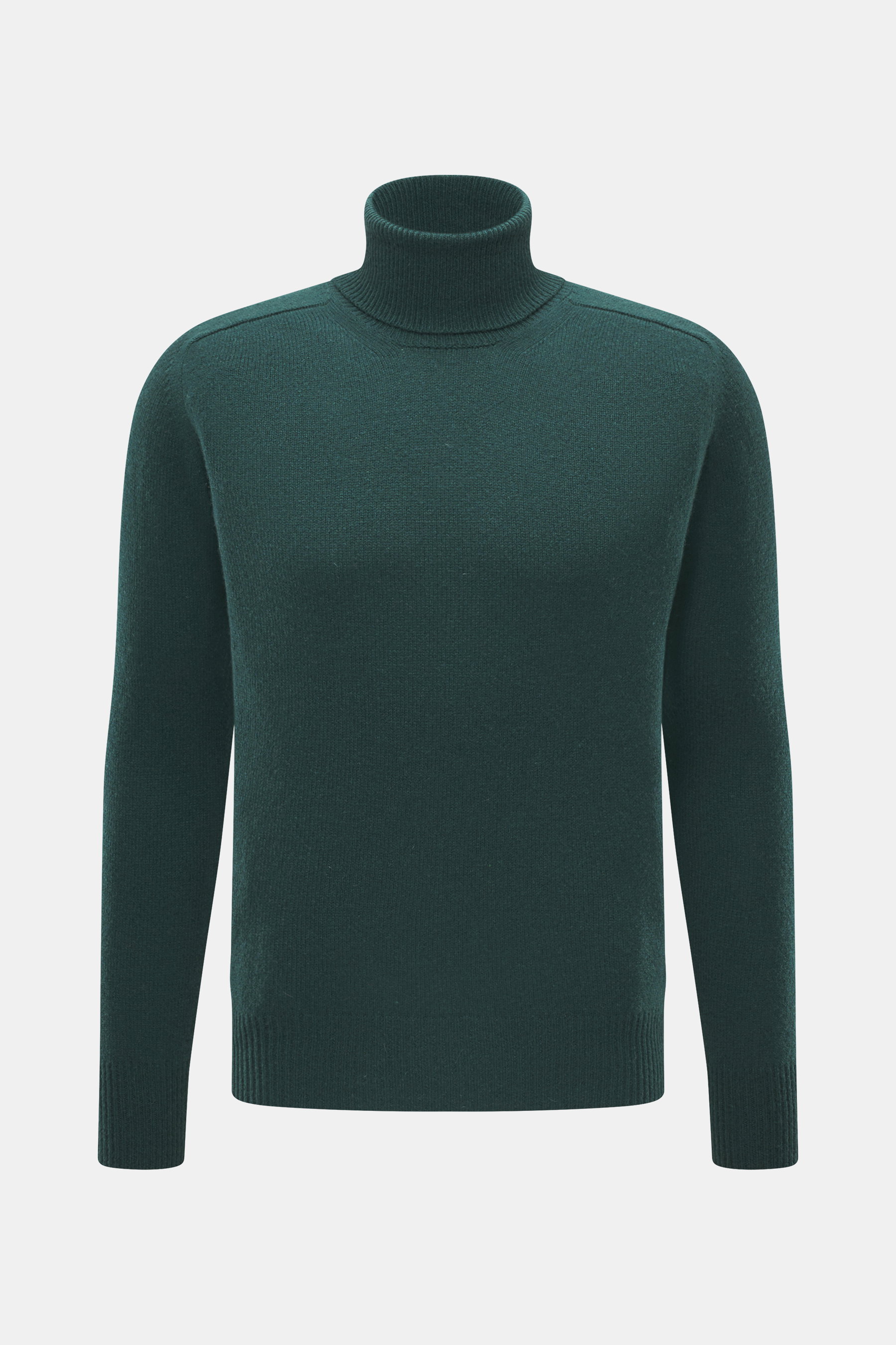 Front view of B.F. Knitwear Cashmere Turtleneck Sweater dark green, pure cashmere, soft touch, medium-fine knit, slim fit, fitted turtleneck, elastic rib-knit cuffs.