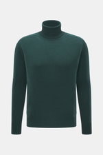 Front view of B.F. Knitwear Cashmere Turtleneck Sweater dark green, pure cashmere, soft touch, medium-fine knit, slim fit, fitted turtleneck, elastic rib-knit cuffs.