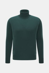 Front view of B.F. Knitwear Cashmere Turtleneck Sweater dark green, pure cashmere, soft touch, medium-fine knit, slim fit, fitted turtleneck, elastic rib-knit cuffs.
