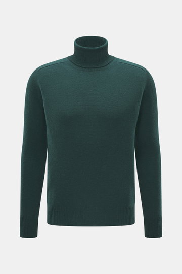 Front view of B.F. Knitwear Cashmere Turtleneck Sweater dark green, pure cashmere, soft touch, medium-fine knit, slim fit, fitted turtleneck, elastic rib-knit cuffs.