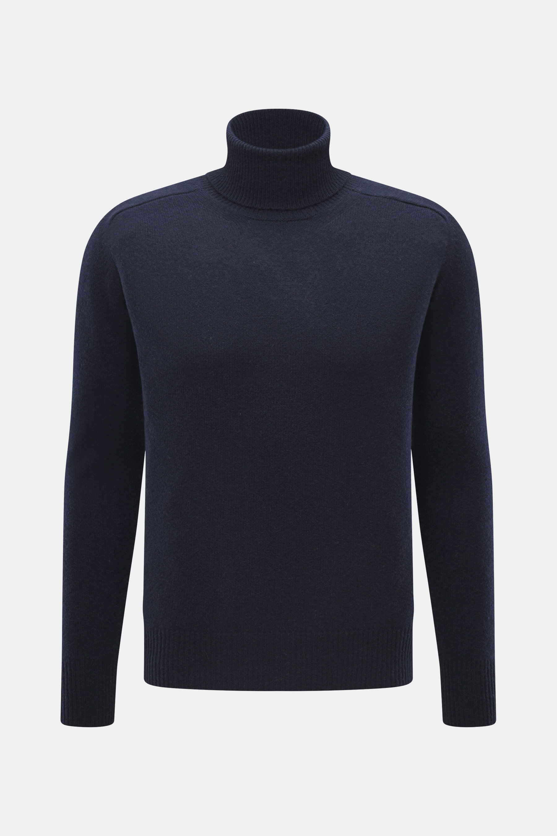 Front view of B.F. Knitwear Cashmere Turtleneck Sweater navy, a slim fit, pure cashmere, soft-touch, medium-fine knit turtleneck with elastic rib-knit cuffs.