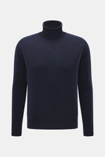 Front view of B.F. Knitwear Cashmere Turtleneck Sweater navy, a slim fit, pure cashmere, soft-touch, medium-fine knit turtleneck with elastic rib-knit cuffs.