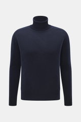 Front view of B.F. Knitwear Cashmere Turtleneck Sweater navy, a slim fit, pure cashmere, soft-touch, medium-fine knit turtleneck with elastic rib-knit cuffs.