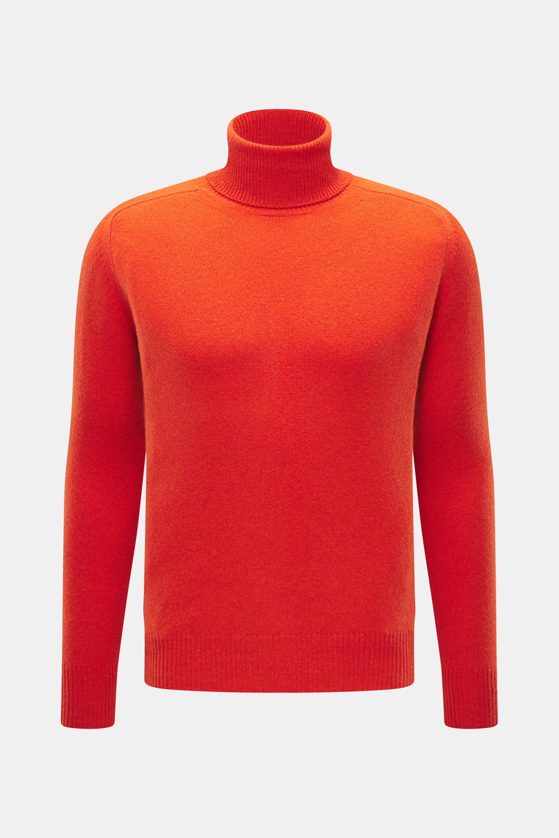 Front view of B.F. Knitwear Cashmere Turtleneck Sweater orange, a slim fit, pure cashmere turtleneck with soft touch, medium-fine knit pattern, and elastic rib-knit cuffs, perfect for autumn and made in Italy.