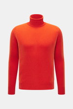Front view of B.F. Knitwear Cashmere Turtleneck Sweater orange, a slim fit, pure cashmere turtleneck with soft touch, medium-fine knit pattern, and elastic rib-knit cuffs, perfect for autumn and made in Italy.