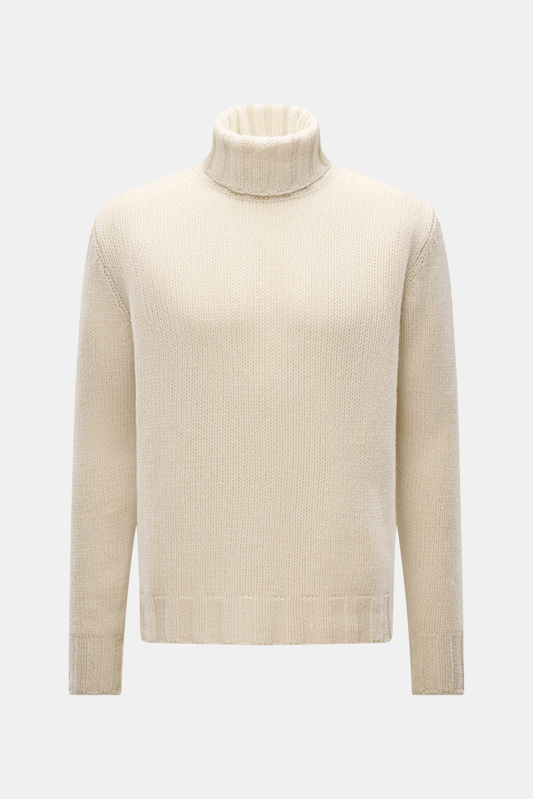Front view of B.F. Knitwear Cashmere turtleneck sweater cream, pure cashmere, soft touch, coarse knit texture, regular fit, fitted turtleneck, elastic ribbed cuffs, autumnal cashmere made in Italy.