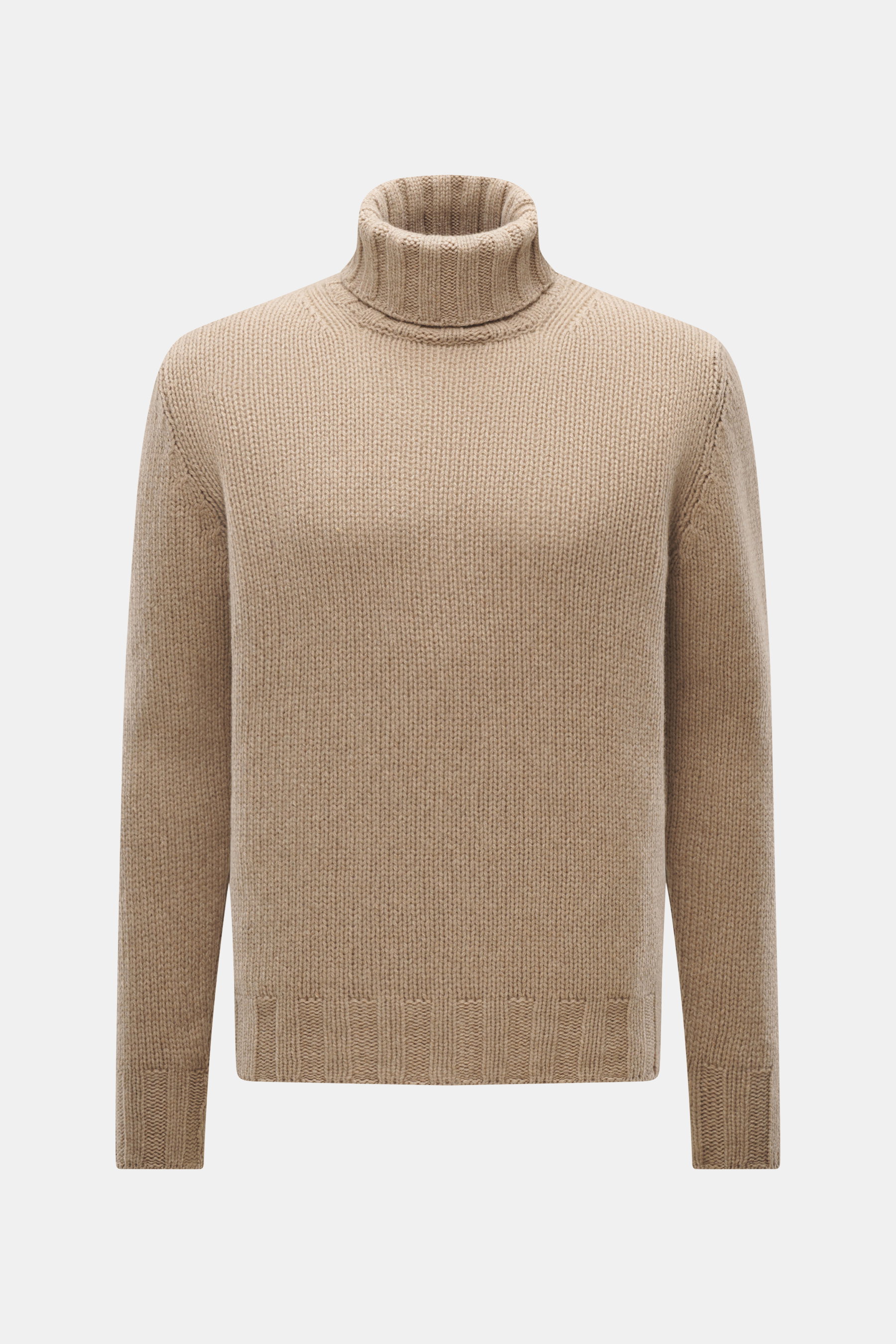 Front view of B.F. Knitwear Cashmere turtleneck sweater beige melange, featuring pure cashmere, soft touch, coarse knit texture, regular fit, fitted turtleneck, and elastic ribbed cuffs, made in Italy for autumnal durability.
