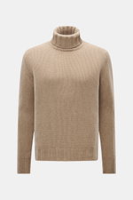 Front view of B.F. Knitwear Cashmere turtleneck sweater beige melange, featuring pure cashmere, soft touch, coarse knit texture, regular fit, fitted turtleneck, and elastic ribbed cuffs, made in Italy for autumnal durability.