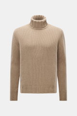 Front view of B.F. Knitwear Cashmere turtleneck sweater beige melange, featuring pure cashmere, soft touch, coarse knit texture, regular fit, fitted turtleneck, and elastic ribbed cuffs, made in Italy for autumnal durability.