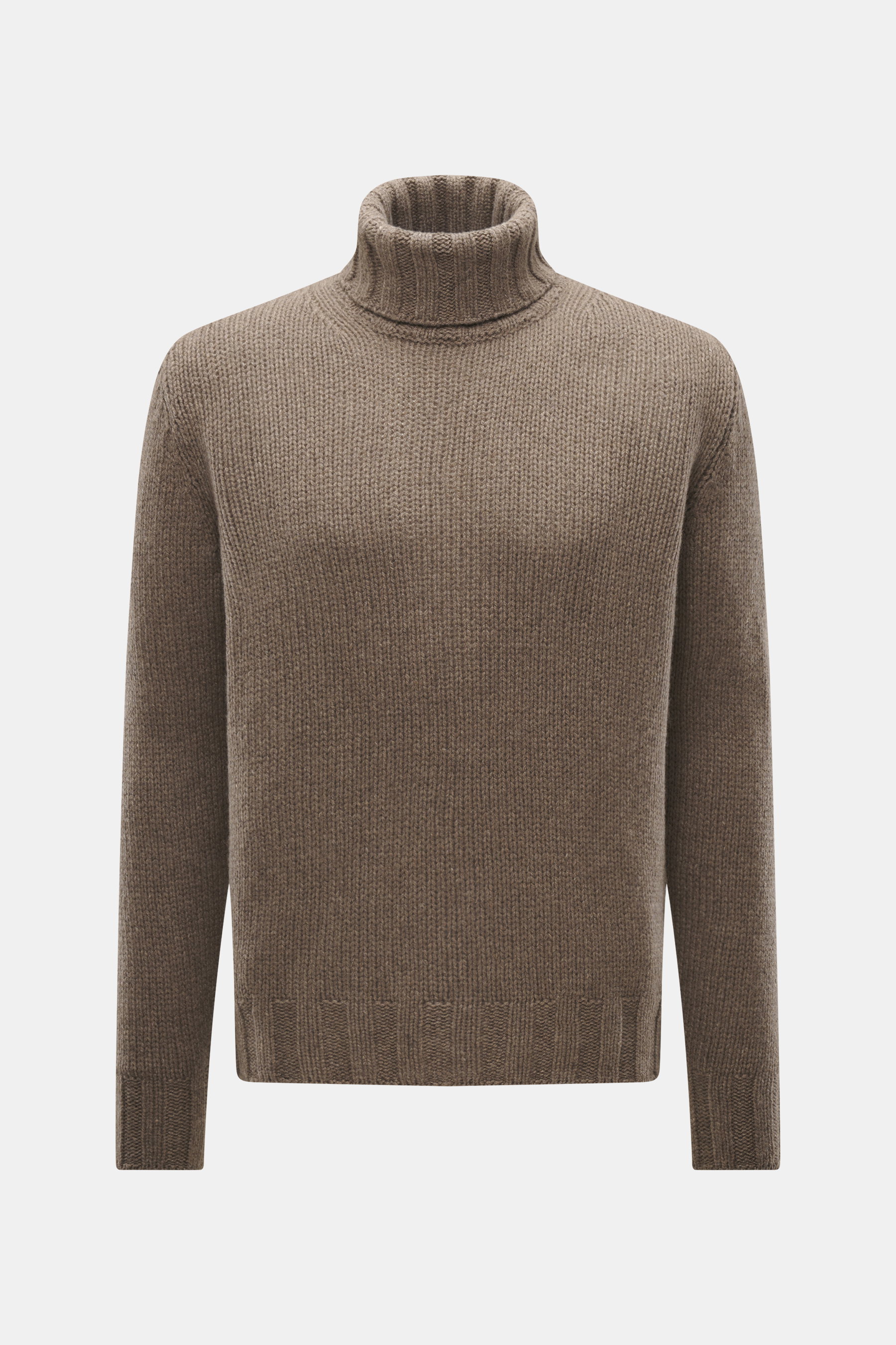 B.F. Knitwear Cashmere turtleneck sweater taupe melange shown from the front, featuring pure cashmere, soft touch, coarse knit texture, regular fit, fitted turtleneck, and elastic ribbed cuffs.
