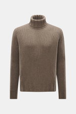B.F. Knitwear Cashmere turtleneck sweater taupe melange shown from the front, featuring pure cashmere, soft touch, coarse knit texture, regular fit, fitted turtleneck, and elastic ribbed cuffs.