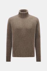 B.F. Knitwear Cashmere turtleneck sweater taupe melange shown from the front, featuring pure cashmere, soft touch, coarse knit texture, regular fit, fitted turtleneck, and elastic ribbed cuffs.