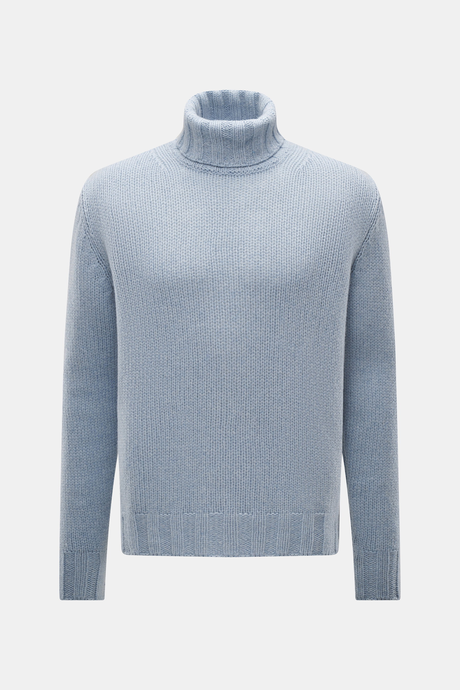 Front view of B.F. Knitwear Cashmere turtleneck sweater light blue melange, autumnal pure cashmere with soft touch, coarse knit texture, regular fit, fitted turtleneck, elastic ribbed cuffs, made in Italy.
