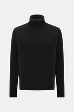 Front view of B.F. Knitwear Cashmere turtleneck sweater black, pure cashmere, soft touch, coarse knit texture, regular fit, fitted turtleneck, elastic ribbed cuffs. Autumnal cashmere from the knitting expert B.F. KNITWEAR: This softly knitted turtleneck s