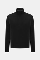 Front view of B.F. Knitwear Cashmere turtleneck sweater black, pure cashmere, soft touch, coarse knit texture, regular fit, fitted turtleneck, elastic ribbed cuffs. Autumnal cashmere from the knitting expert B.F. KNITWEAR: This softly knitted turtleneck s