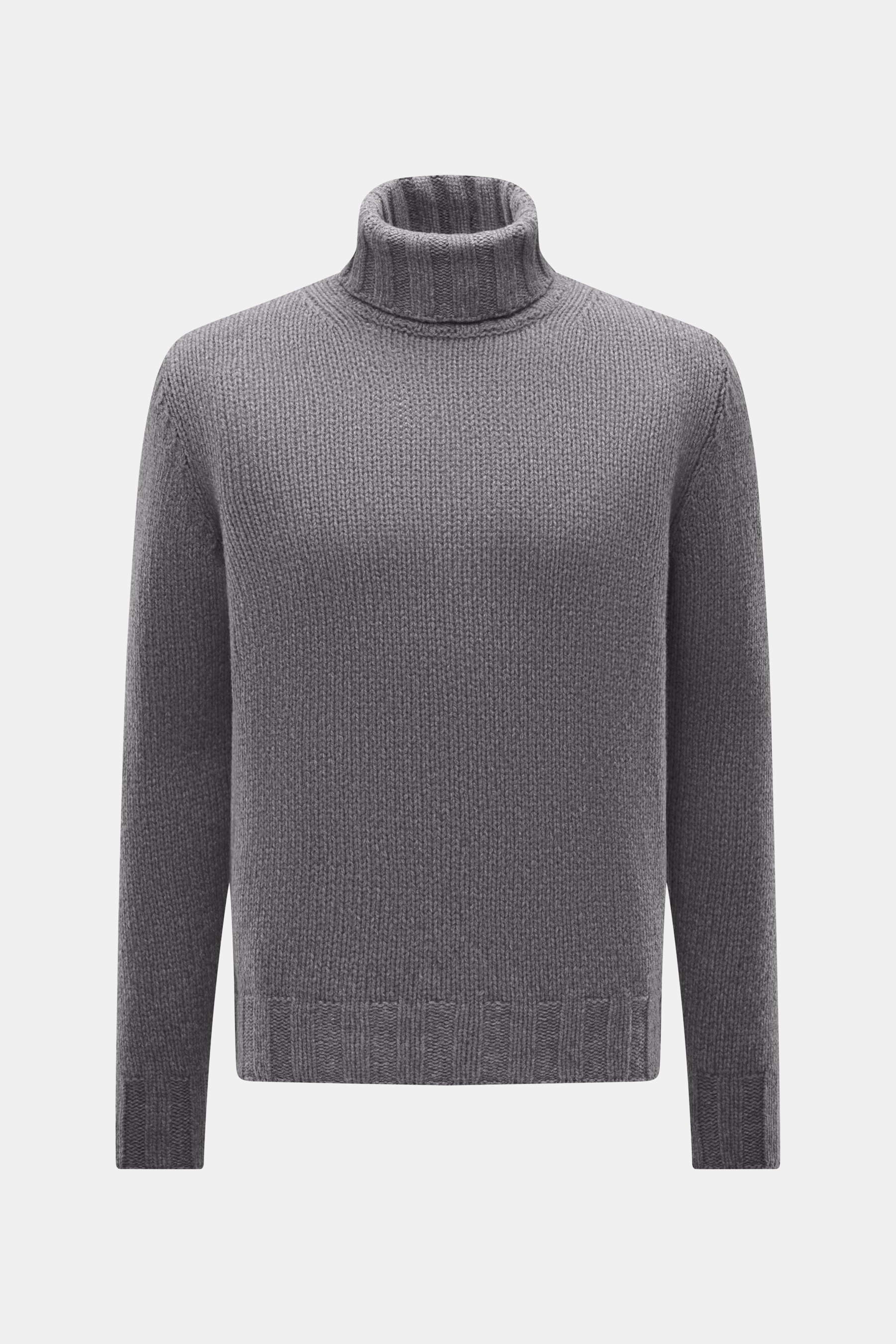 B.F. Knitwear Cashmere turtleneck sweater grey melange shown from front, featuring pure cashmere, soft touch, coarse knit texture, regular fit, fitted turtleneck, and elastic ribbed cuffs. Autumnal cashmere from the knitting expert B.F. KNITWEAR: This sof