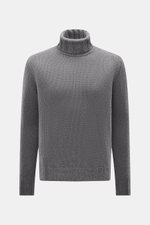 B.F. Knitwear Cashmere turtleneck sweater grey melange shown from front, featuring pure cashmere, soft touch, coarse knit texture, regular fit, fitted turtleneck, and elastic ribbed cuffs. Autumnal cashmere from the knitting expert B.F. KNITWEAR: This sof