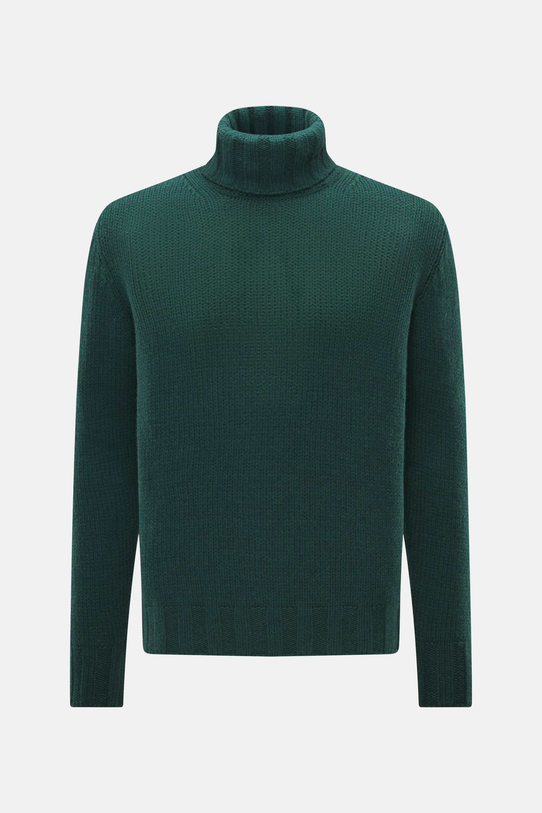 Front view of B.F. Knitwear Cashmere turtleneck sweater dark green with coarse knit texture, fitted turtleneck, and ribbed cuffs, made in Italy.