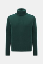 Front view of B.F. Knitwear Cashmere turtleneck sweater dark green with coarse knit texture, fitted turtleneck, and ribbed cuffs, made in Italy.