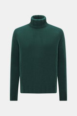 Front view of B.F. Knitwear Cashmere turtleneck sweater dark green with coarse knit texture, fitted turtleneck, and ribbed cuffs, made in Italy.