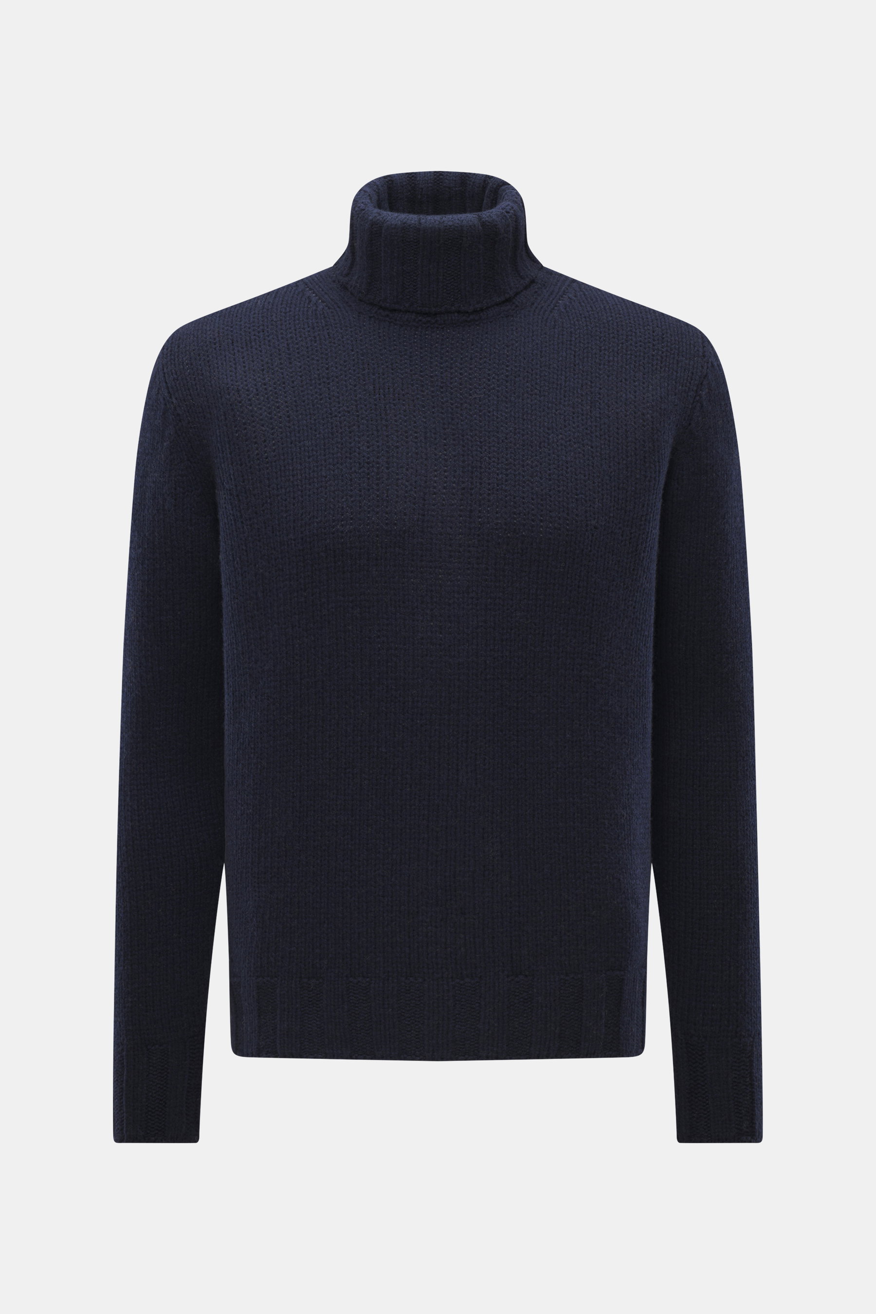 Front view of B.F. Knitwear Cashmere turtleneck sweater navy, pure cashmere, soft touch, coarse knit texture, regular fit, fitted turtleneck, elastic ribbed cuffs. Autumnal cashmere from the knitting expert B.F. KNITWEAR: This softly knitted turtleneck sw