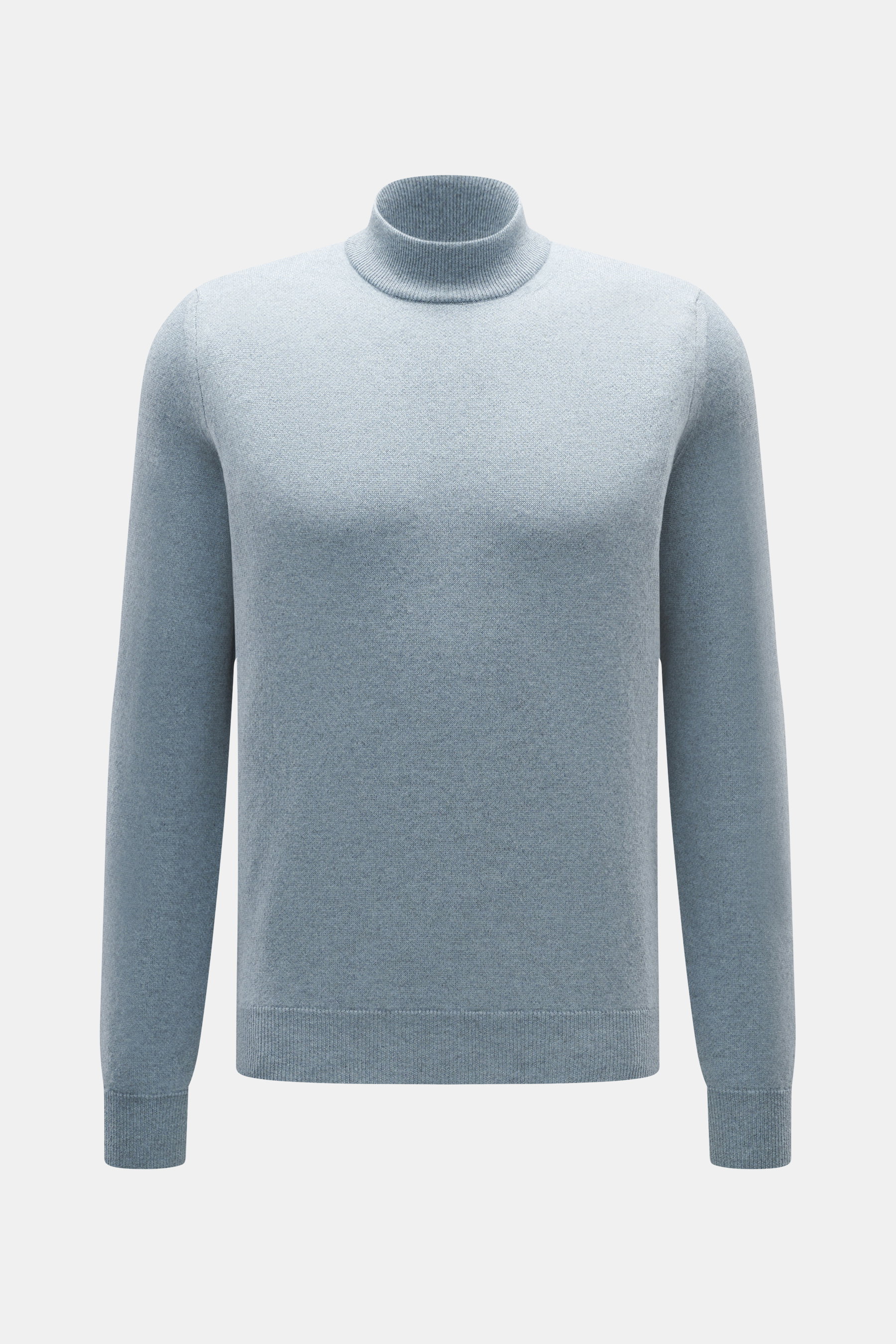 Colombo Cashmere Mock Neck Pullover rauchblau, Frontansicht, reiner Baby-Cashmere, sehr weicher Griff, feines Strickbild, Regular Fit, Stehkragen, Rippbündchen.