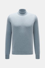 Colombo Cashmere Mock Neck Pullover rauchblau, Frontansicht, reiner Baby-Cashmere, sehr weicher Griff, feines Strickbild, Regular Fit, Stehkragen, Rippbündchen.