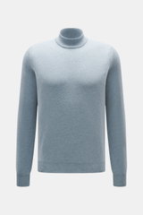 Colombo Cashmere Mock Neck Pullover rauchblau, Frontansicht, reiner Baby-Cashmere, sehr weicher Griff, feines Strickbild, Regular Fit, Stehkragen, Rippbündchen.
