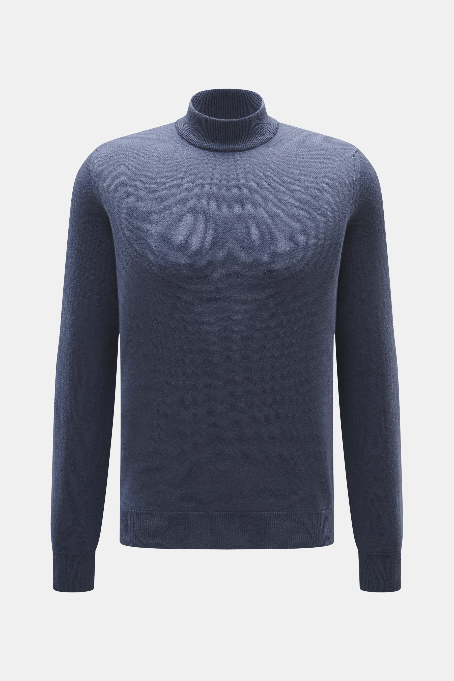 Colombo Cashmere Mock Neck Pullover graublau, frontal fotografiert, reiner Baby-Cashmere, sehr weicher Griff, feines Strickbild, Regular Fit, Stehkragen, Rippbündchen.