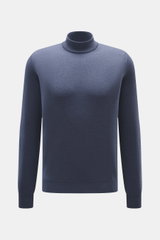 Colombo Cashmere Mock Neck Pullover graublau, frontal fotografiert, reiner Baby-Cashmere, sehr weicher Griff, feines Strickbild, Regular Fit, Stehkragen, Rippbündchen.