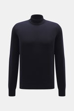 Colombo Cashmere Mock Neck Pullover navy, frontal fotografiert, reiner Baby-Cashmere, sehr weicher Griff, feines Strickbild, Regular Fit, Stehkragen, komfortable Rippbündchen.