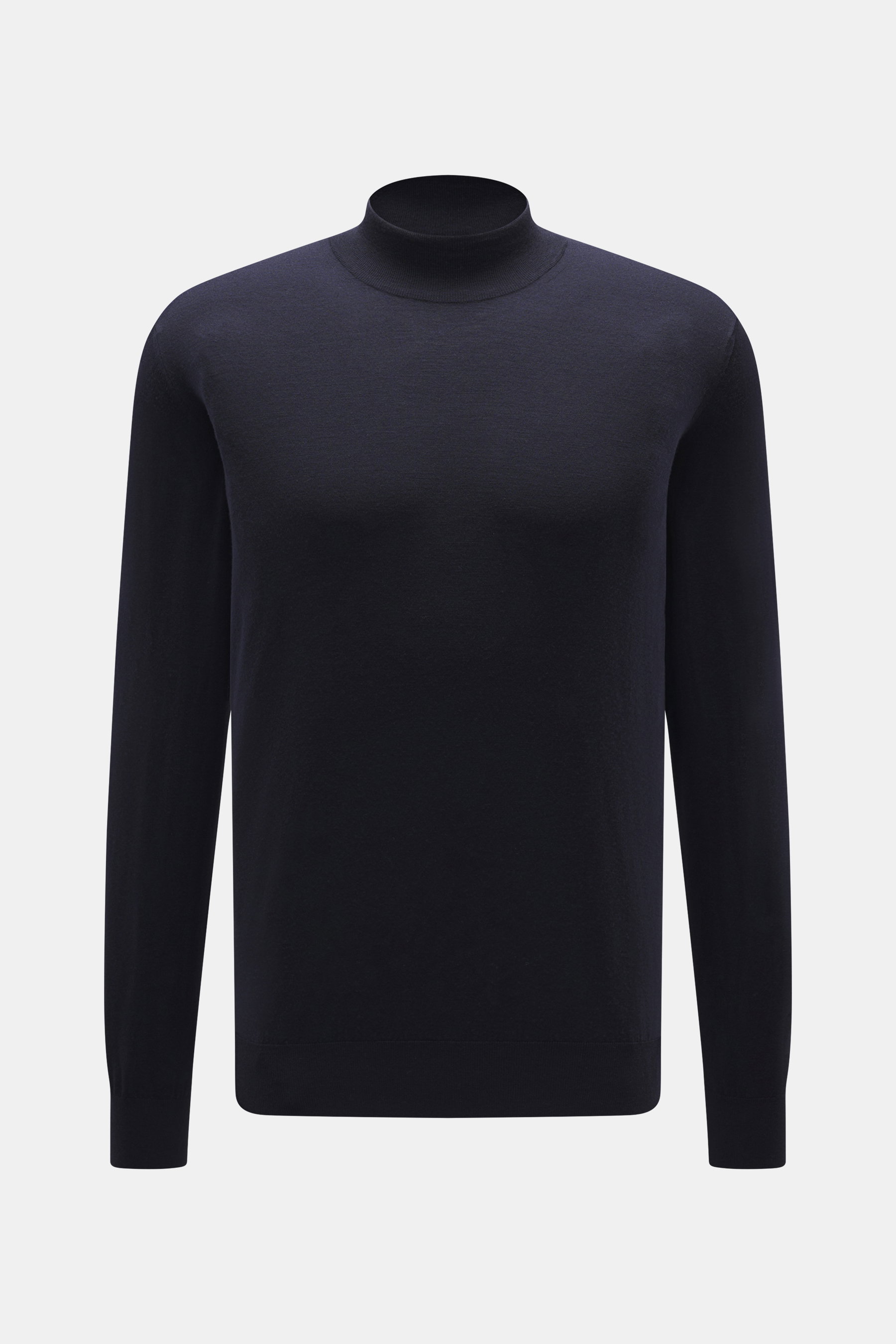 Colombo Mock Neck Pullover navy, frontale Nahaufnahme, reine Wolle (Kid Wool), sehr weicher Griff, feines Strickbild, Slim Fit, Stehkragen, Rippbündchen.