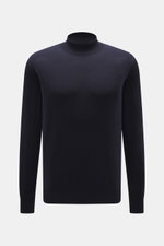 Colombo Mock Neck Pullover navy, frontale Nahaufnahme, reine Wolle (Kid Wool), sehr weicher Griff, feines Strickbild, Slim Fit, Stehkragen, Rippbündchen.