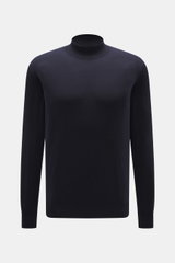 Colombo Mock Neck Pullover navy, frontale Nahaufnahme, reine Wolle (Kid Wool), sehr weicher Griff, feines Strickbild, Slim Fit, Stehkragen, Rippbündchen.