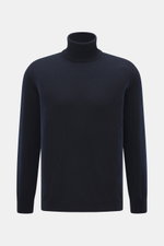 Front view of Aida Barni Cashmere turtleneck sweater navy, pure cashmere with soft feel, fine knit pattern, slim fit, close-fitting turtleneck, and flexible ribbed cuffs, Italian knitwear, warm must-have for autumn/winter.