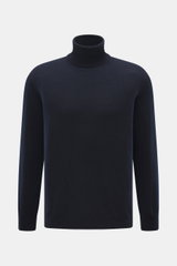 Front view of Aida Barni Cashmere turtleneck sweater navy, pure cashmere with soft feel, fine knit pattern, slim fit, close-fitting turtleneck, and flexible ribbed cuffs, Italian knitwear, warm must-have for autumn/winter.