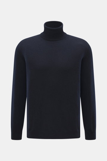 Front view of Aida Barni Cashmere turtleneck sweater navy, pure cashmere with soft feel, fine knit pattern, slim fit, close-fitting turtleneck, and flexible ribbed cuffs, Italian knitwear, warm must-have for autumn/winter.